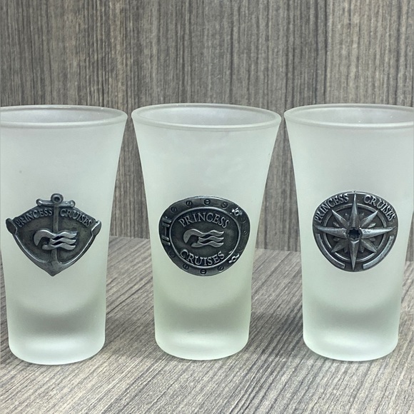 Princess Cruise Line Souvenir Frosted Shot Glasses W/Pewter Ship Seals Set of 3 - Picture 1 of 7